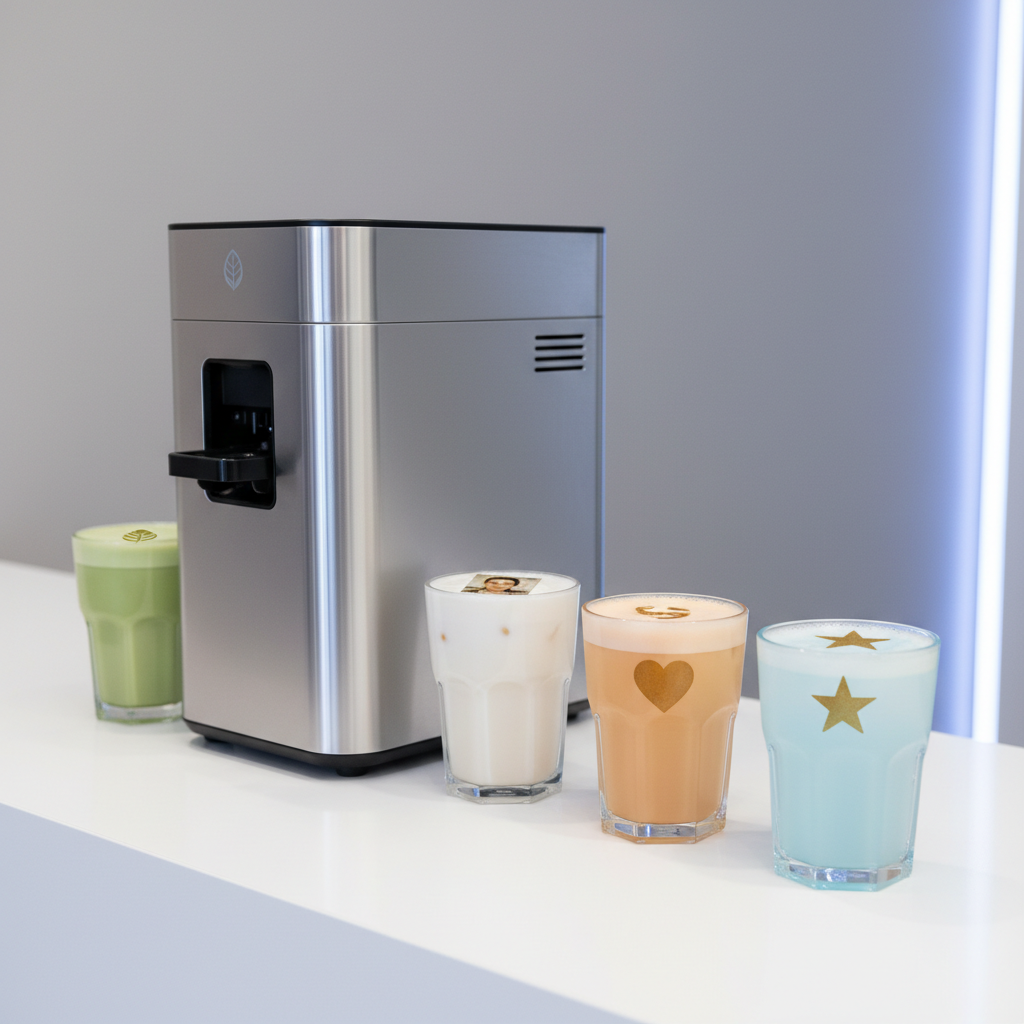 Una impresora de bebidas profesional de acabado metálico plateado satinado, compacta y moderna, colocada sobre una barra blanca impecable. Frente a ella se alinean vasos transparentes llenos de diferentes bebidas de colores claros, cada uno mostrando impresos nítidos un logo, una foto y un emoji en la espuma o la superficie, demostrando la capacidad de personalización. El fondo es un muro liso gris claro con iluminación led suave azulada que sugiere un ambiente de activación de marca, sin presencia de personas. Luz de estudio frontal y lateral, creando reflejos limpios en el metal y el vidrio, sin brillos molestos. Composición en primer plano, ángulo ligeramente bajo para dar protagonismo a la impresora y los vasos. Estilo fotográfico realista, tecnológico y corporativo, ideal para promocionar renta para activaciones.