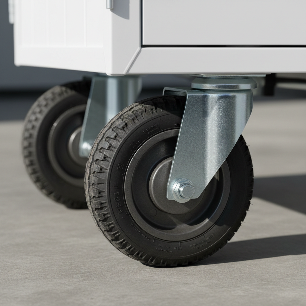 Detalle en primer plano de los neumáticos industriales de un carrito para snacks, de goma negra con dibujo profundo y rin metálico gris oscuro, apoyados sobre un piso de concreto liso. Se aprecia claramente el sistema de fijación robusto a la estructura de metal blanco del carrito y un freno de seguridad brillando con acabado zincado. Luz lateral natural de mañana creando sombras bien definidas que resaltan el relieve del neumático y la solidez del ensamble. El fondo está deliberadamente desenfocado mostrando solo un indicio del resto del carrito, para mantener la atención en la calidad de las ruedas. Composición muy cerrada con encuadre horizontal, estilo fotográfico macro realista y profesional, transmitiendo durabilidad, estabilidad y facilidad de transporte en cualquier superficie.